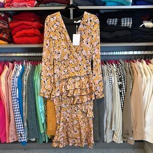 WAYF orange/pink/black floral long sleeve v neck ruffled midi dress size S NWT